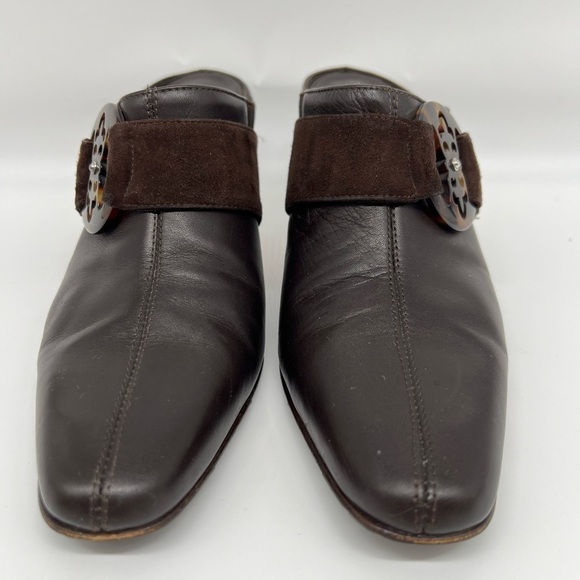 Brighton Rococo Made in Italy Dark Brown Leather Belted‎ Mules Slip On Heels 8.5 - Picture 2 of 10